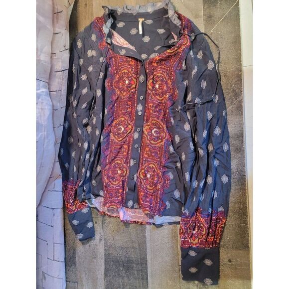 Free People women's blue red patterned button-up long-sleeve shirt - Picture 1 of 5